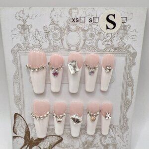 Long Coffin Press-On Nails with Rhinestones French Tip – Small Size
